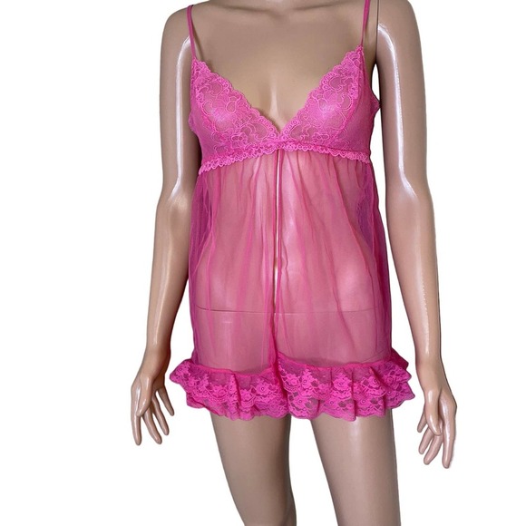 Victoria's Secret lingerie split front barbie pink lace edges semi sheer SZ SM - Picture 1 of 9